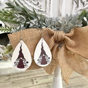 Christmas Faux Leather Teardrop Dangle Earrings Buffalo Plaid Gnome